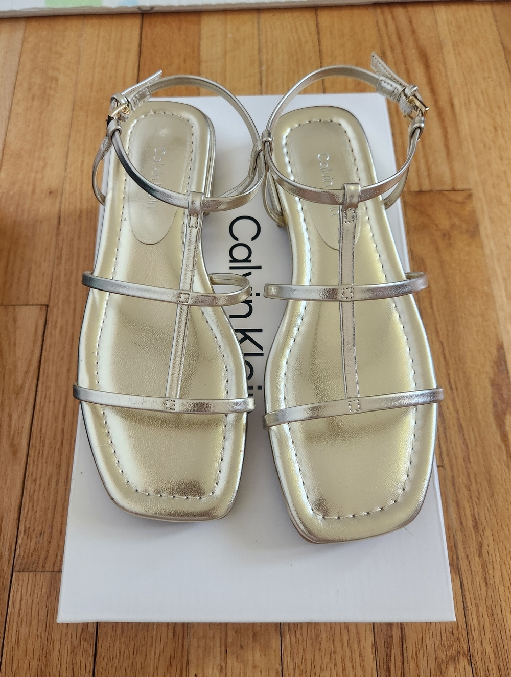 Calvin Klein Metallic Gold Strappy T‑Bar Sandals